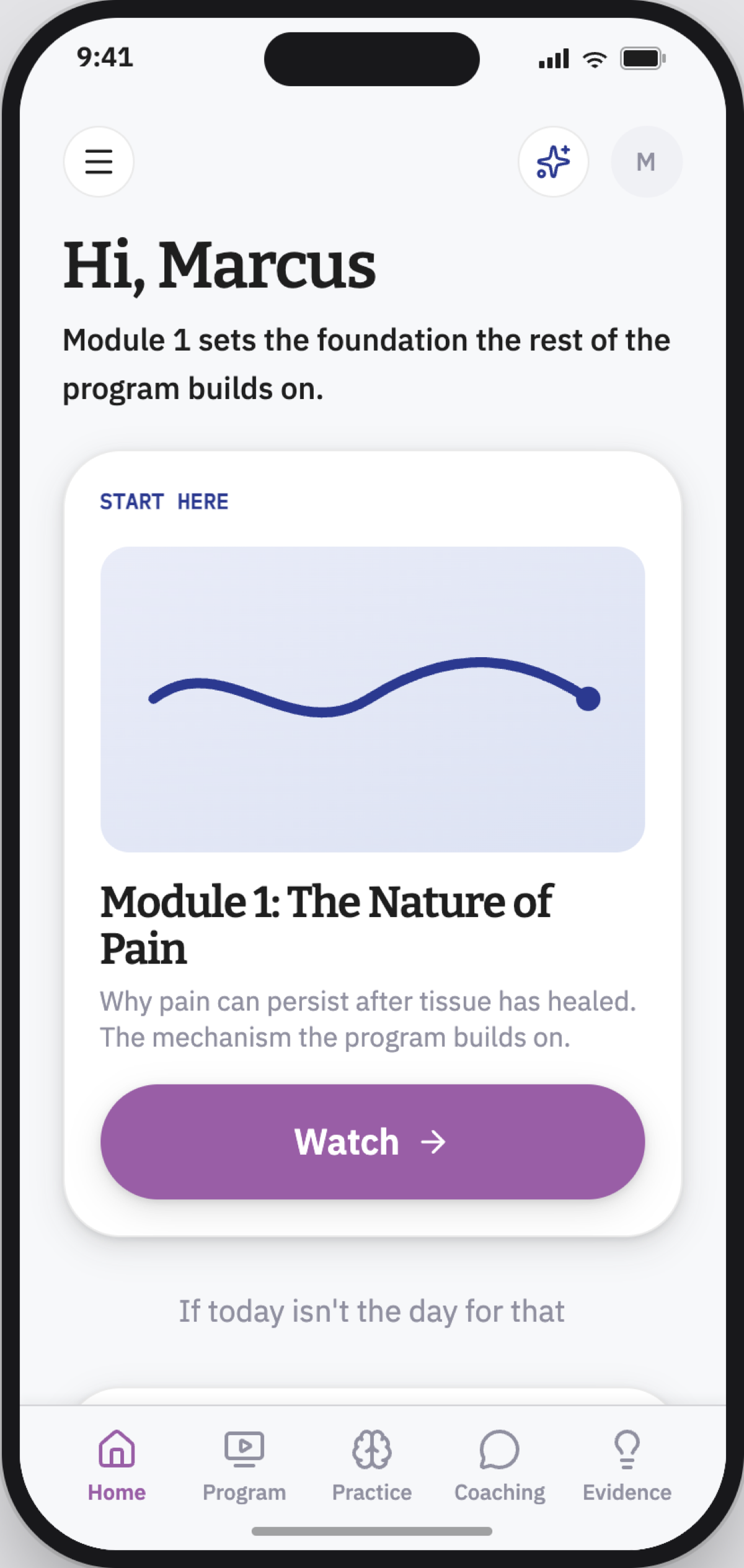 Healing Track home screen for the Rational Skeptic persona: evidence-forward framing and a clear module to start