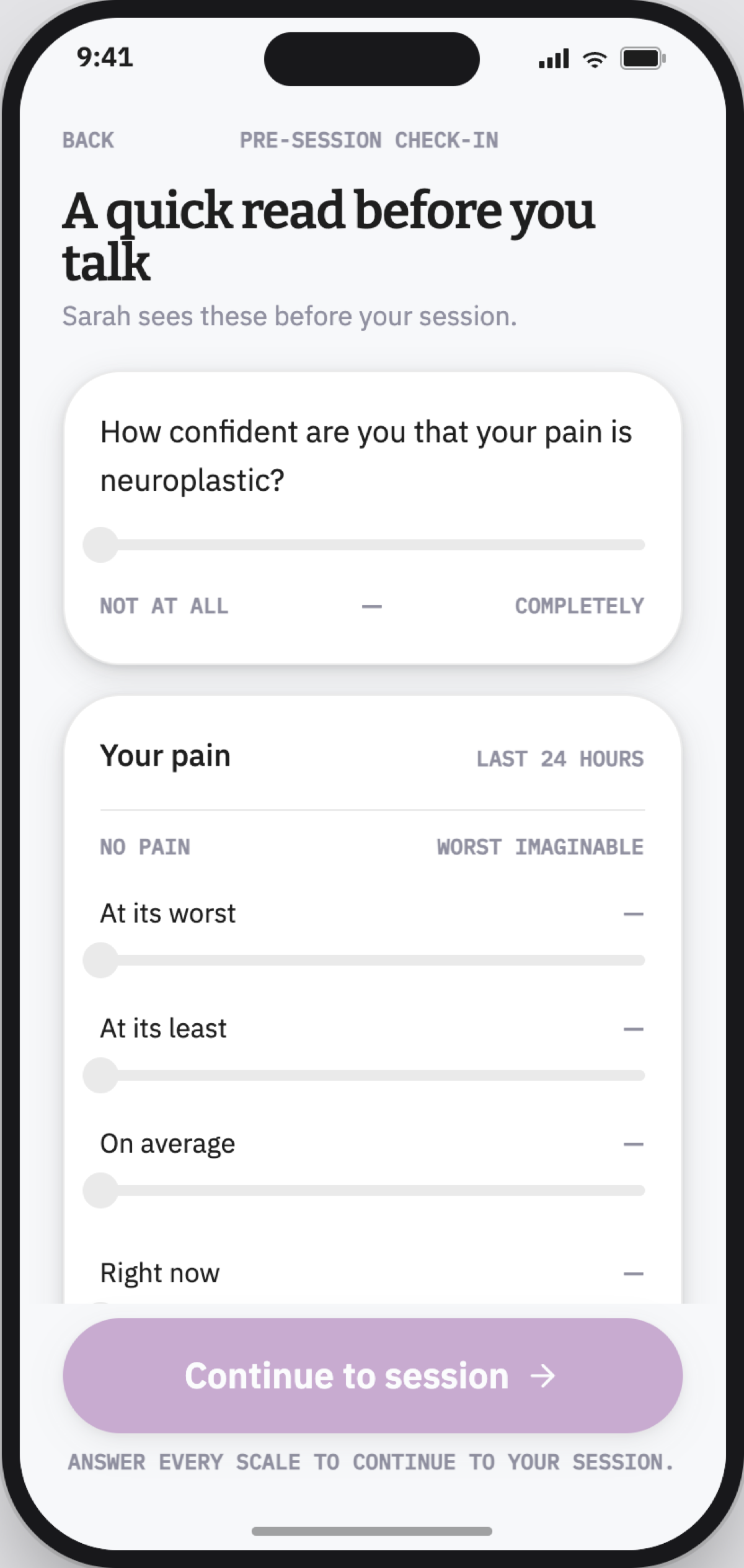 Pre-session check-in with a neuroplastic-confidence slider and the four-item Brief Pain Inventory scales