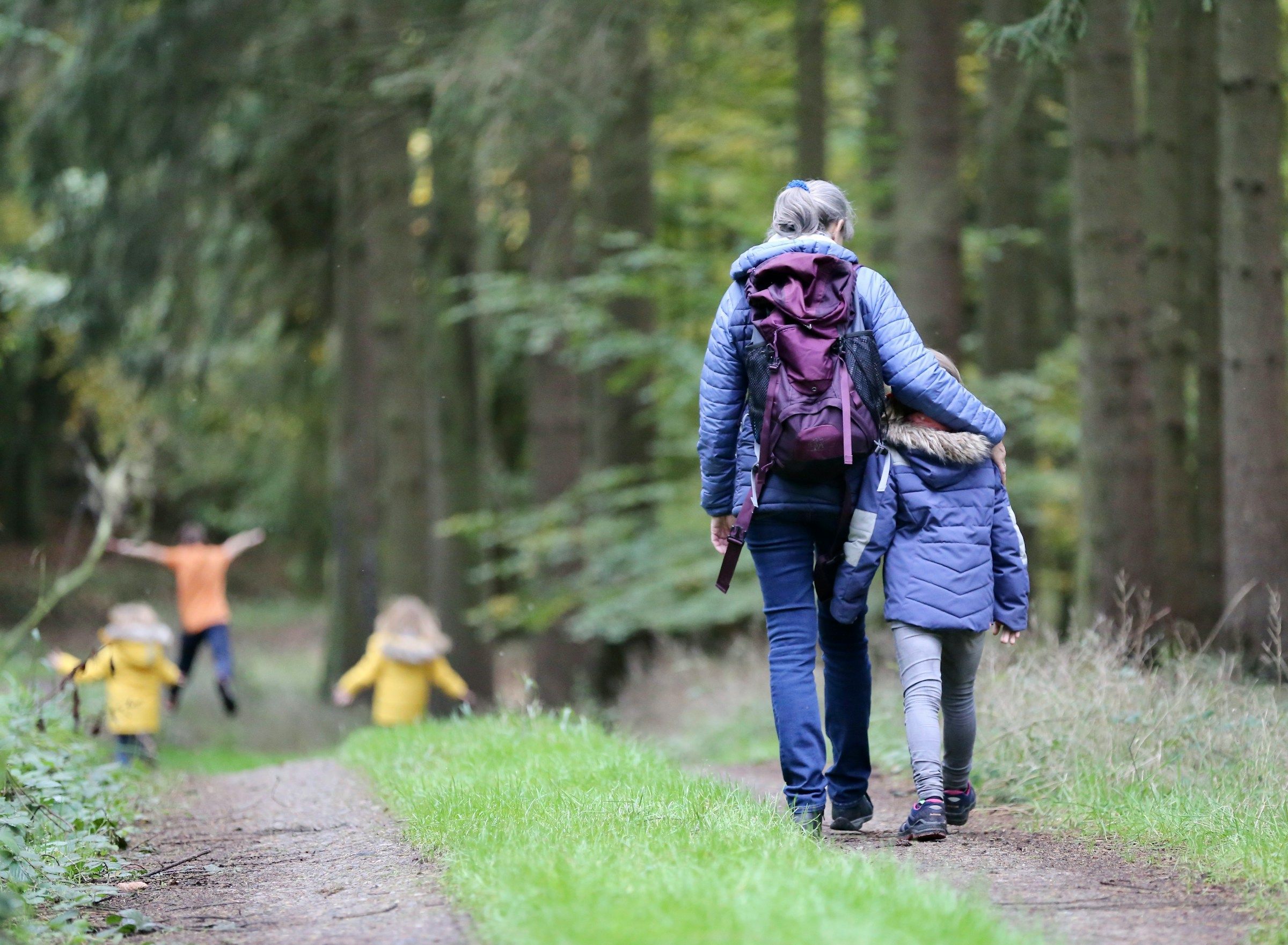 A grandparent walks arm in arm with a child on a forest path while two small children jump and play ahead