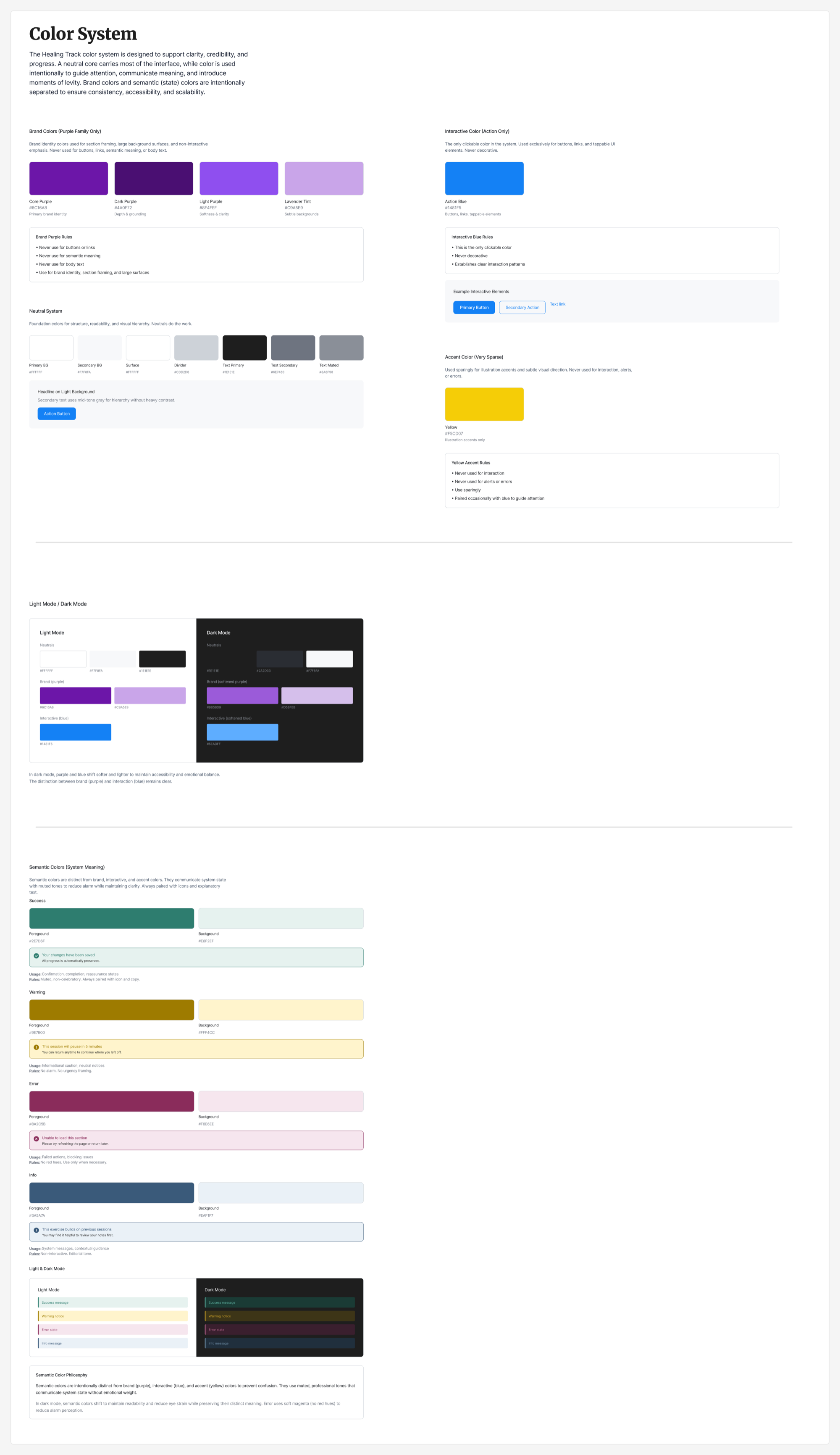 Healing Track color system style guide with rationale and do-and-avoid pairings for each color
