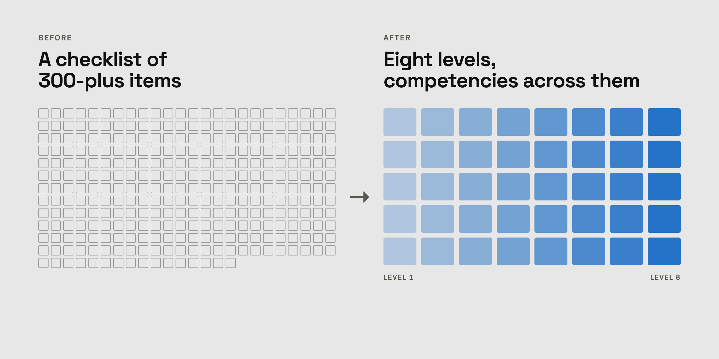 Diagram: a checklist of more than 300 items replaced by an eight-level framework with competencies across the levels