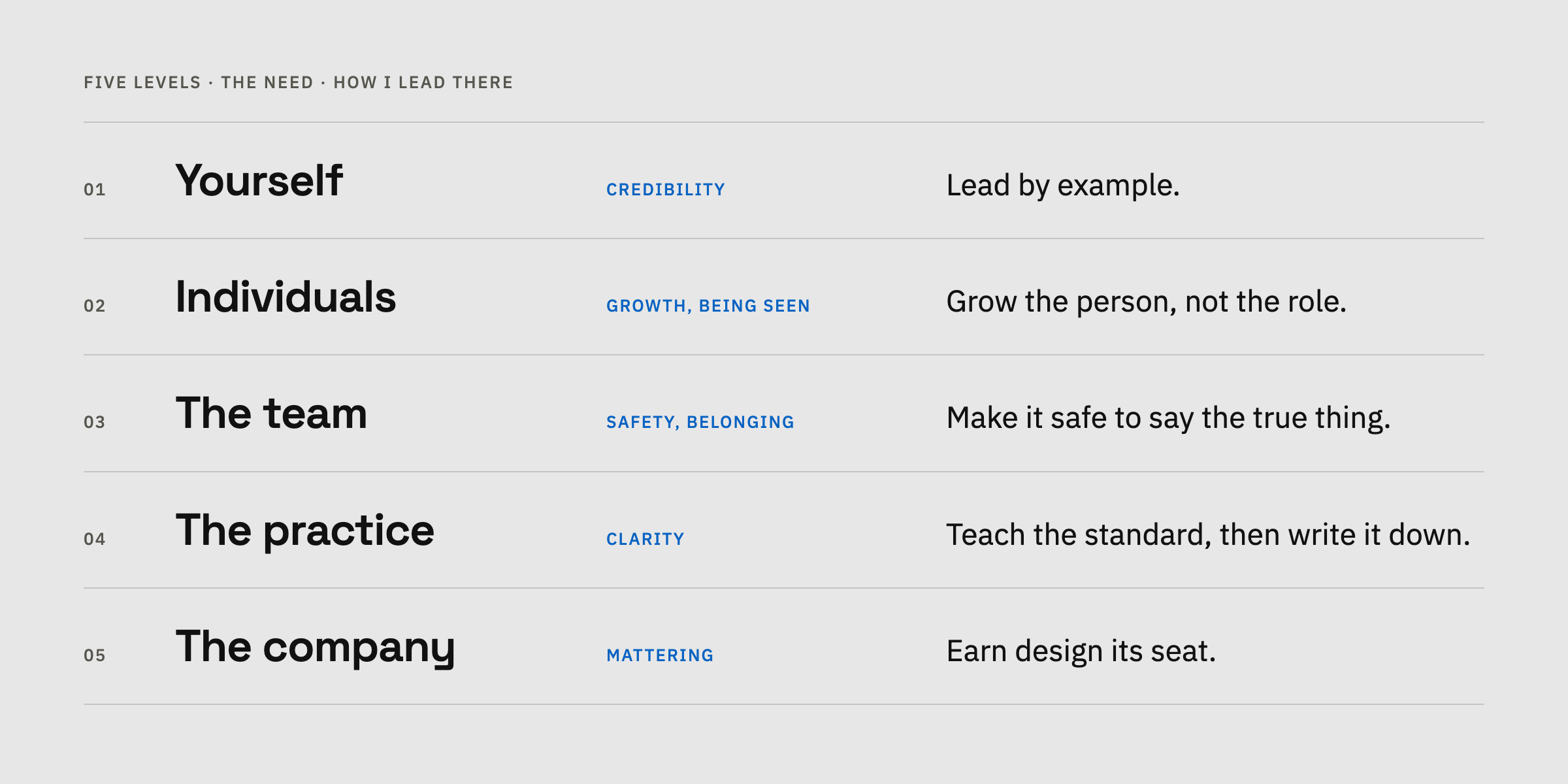 Diagram of five leadership levels: yourself, individuals, the team, the practice, the company, each with its human need