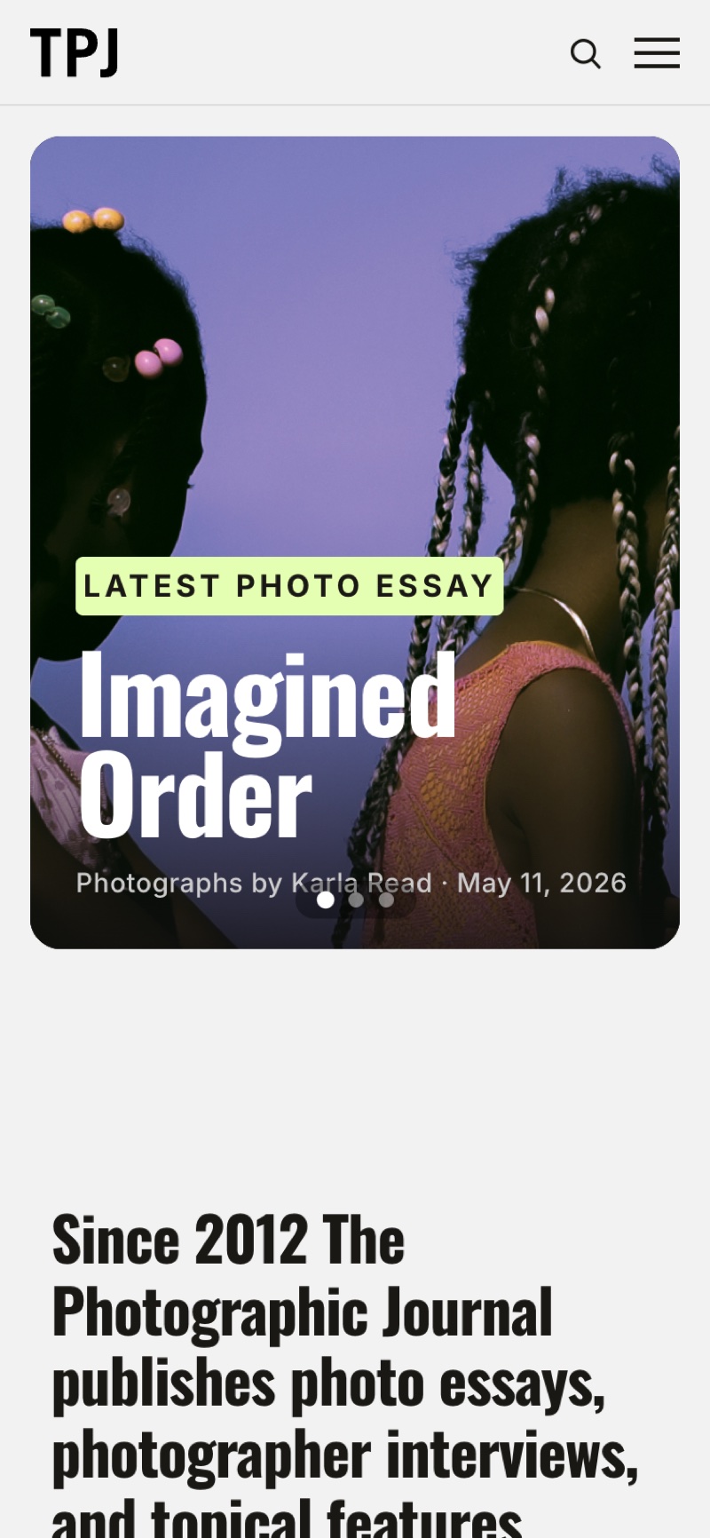 TPJ V2 homepage at phone width, the hero card and type holding their hierarchy