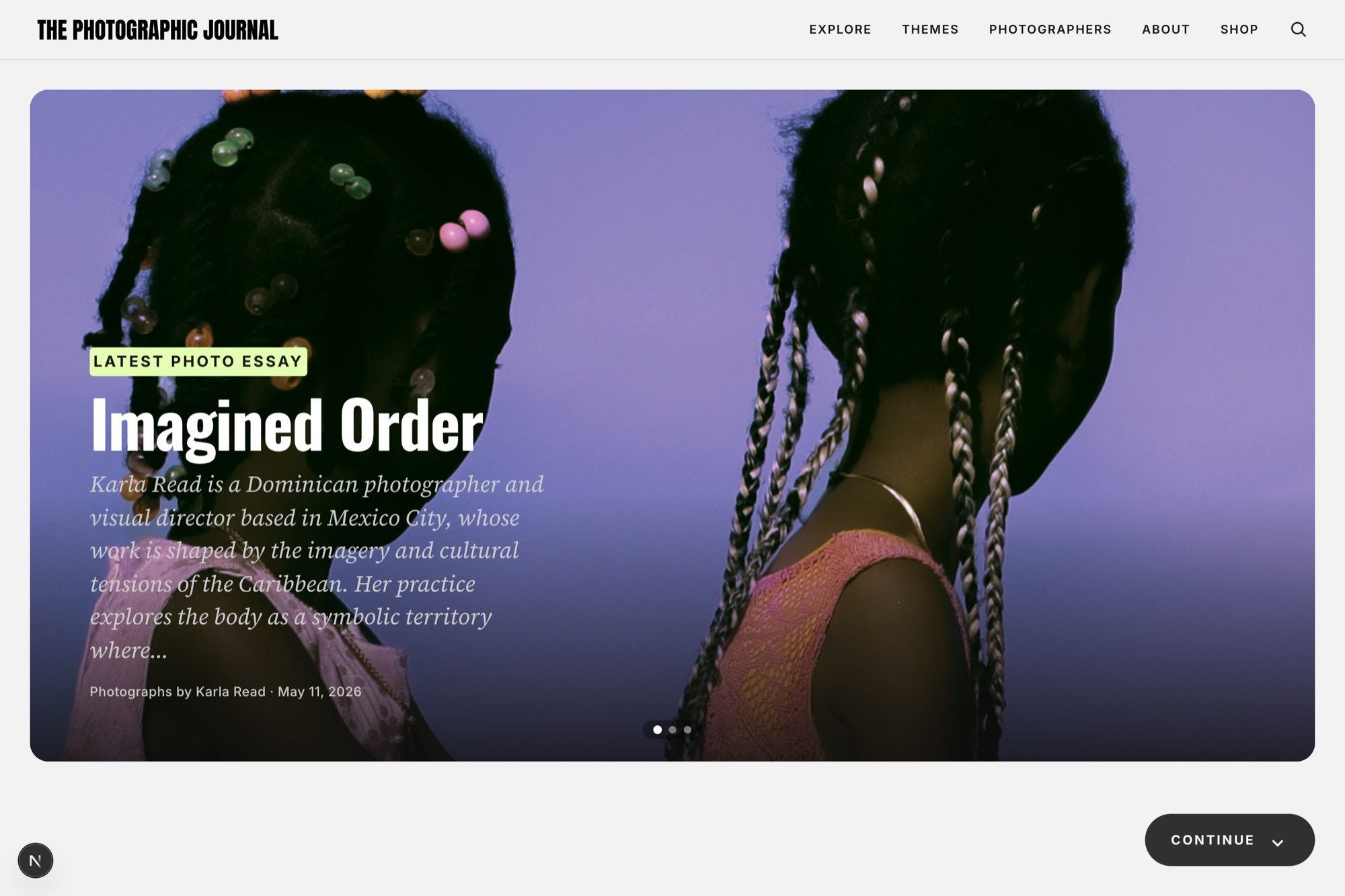 TPJ V2 homepage: full-bleed hero photograph with a lime Latest Photo Essay chip, Oswald display title, and Source Serif italic introduction
