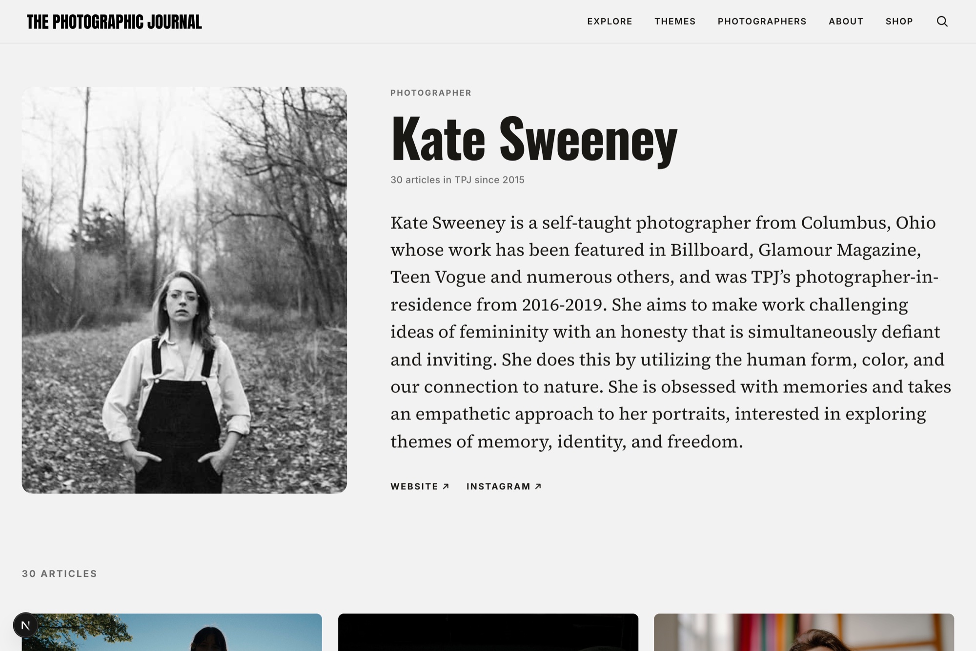 TPJ V2 photographer profile page: portrait, bio, and the photographer's articles gathered in one place