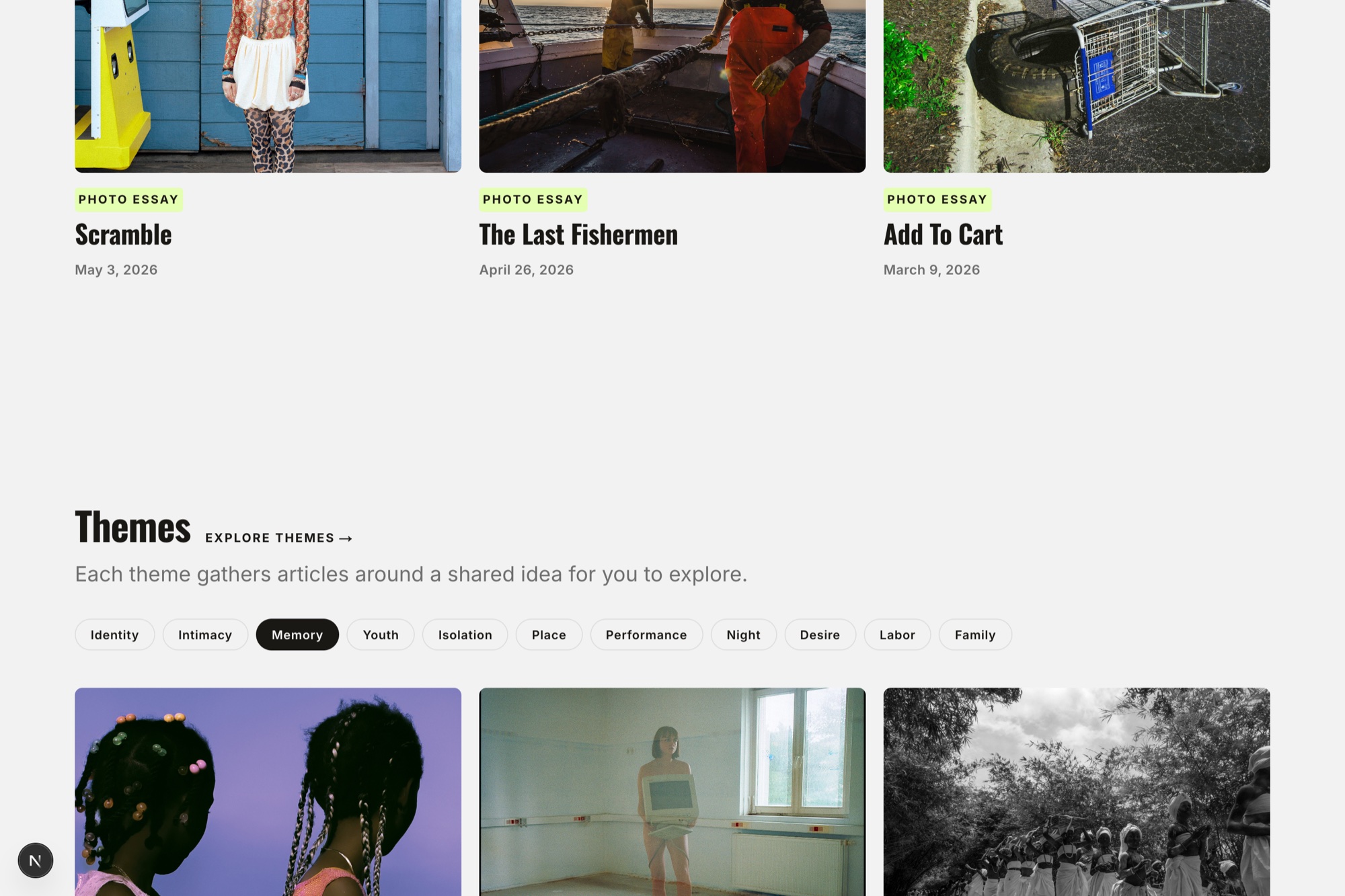 TPJ V2 theme browser: eleven theme chips with Memory selected, above a fresh grid of essays from that theme